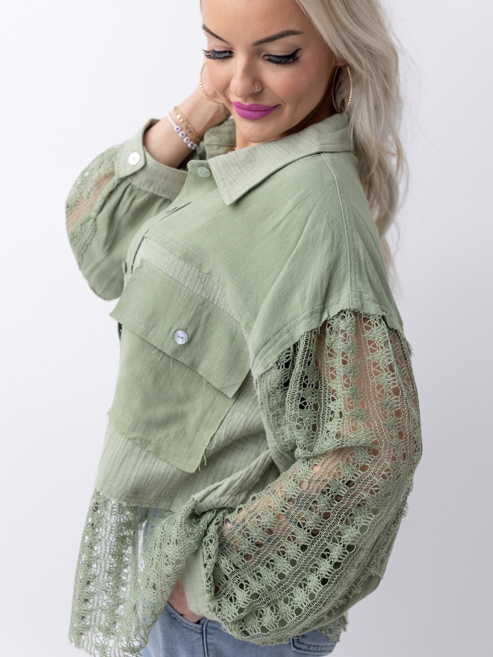 Andree By Unit Sage Green Crochet-Sleeve Button Shirt L